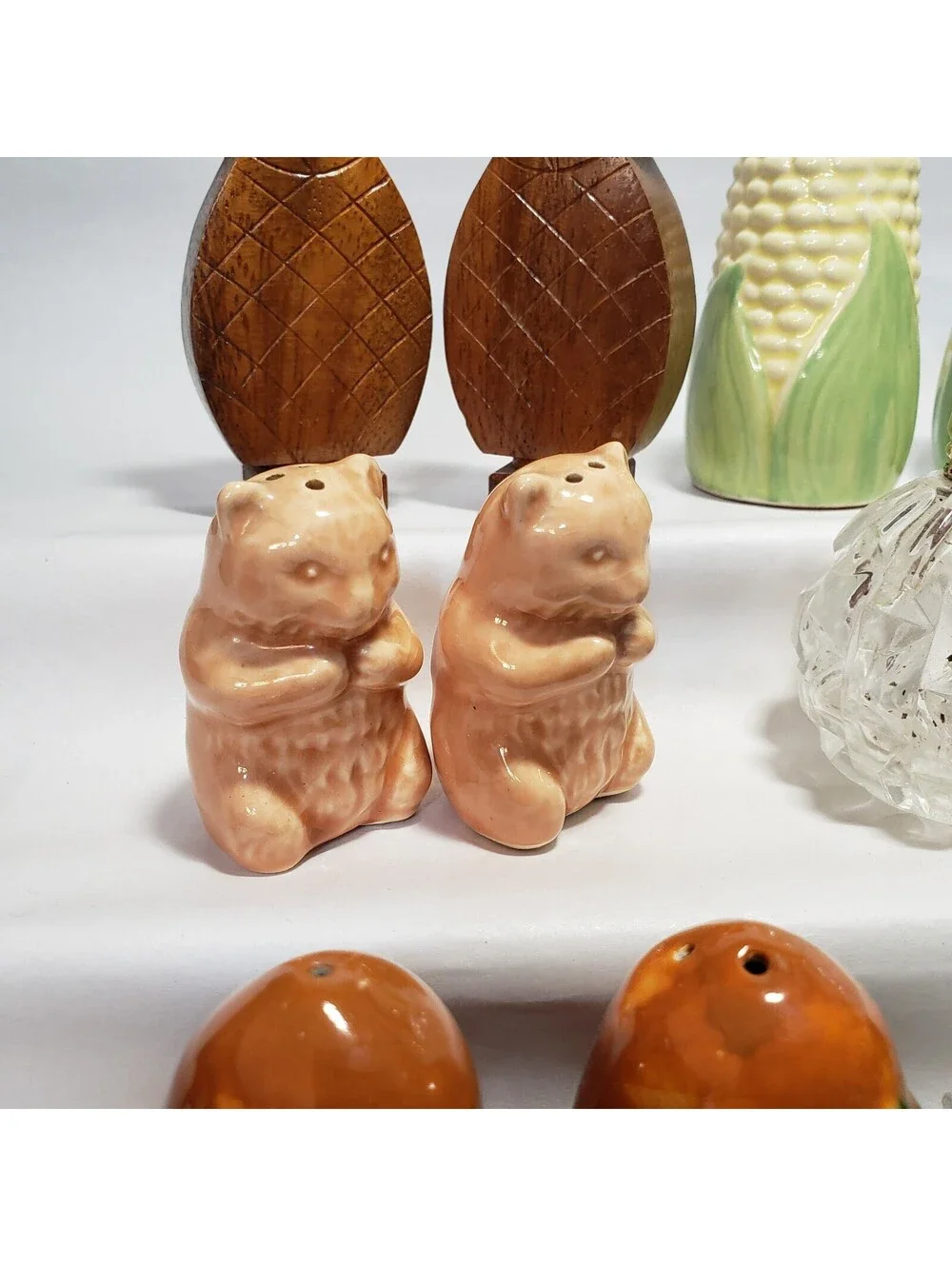Vintage to New Salt & Pepper Lot 6 Pairs Kitsch Corn Cobs, Wood Acorns Glass